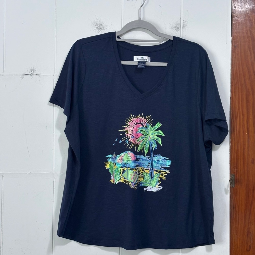 Island Collection Stella Parker Navy Blue Tropical Glitter Beach T-Shirt 1X
